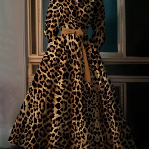 Fashion Retro Boho Leopard Pattern Women's Big Size Dress New High Street Standing Collar Loose Big Swing Shirt Dresses 2025