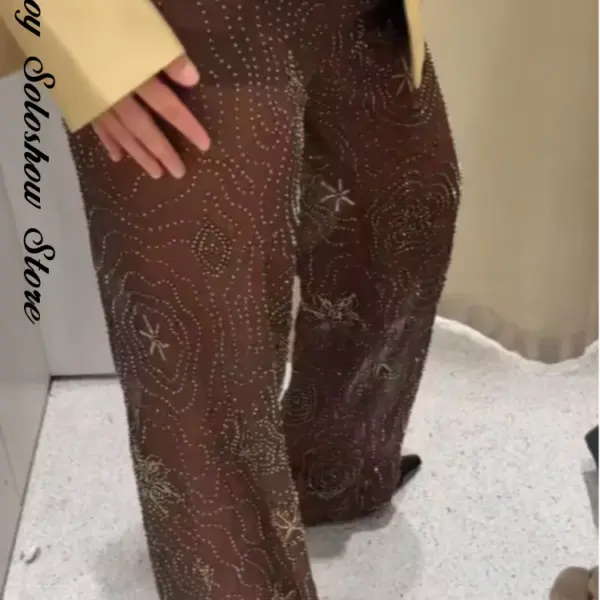 Sexy See-through Pants Women Y2k Elastic Waist Seguin Print Straight Trouser Female 2025 Spring Summer Lady Shiny Party Outwear
