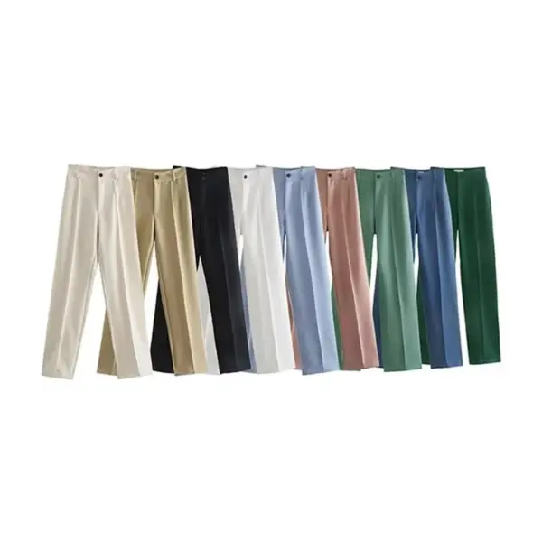 TRZA Women Chic Fashion Office Wear Straight Pants Vintage High Waist Zipper Fly Female Trousers Mujer