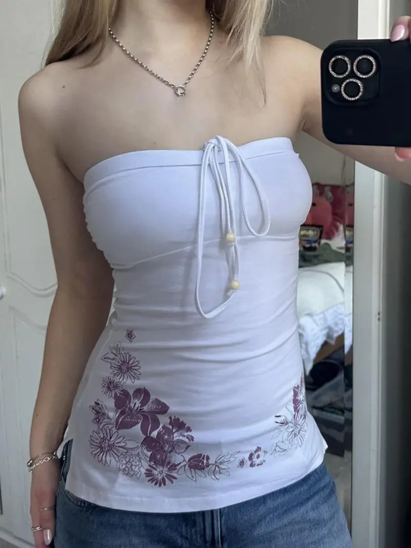 Causal Holiday Style Women Straps Tops Backless Bow Lace Up Slim Flower Prints Fashion Trendy Blouses
