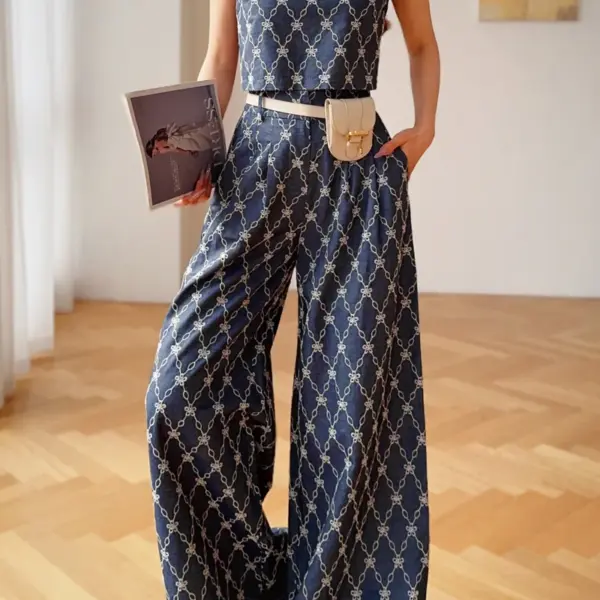 Summer Embroidery Pants Elastic Waist Wide-Leg Women's Pants Separately Vest Floor-Length Trousers Y2K 2025 DABUWAWA DM2ALP002
