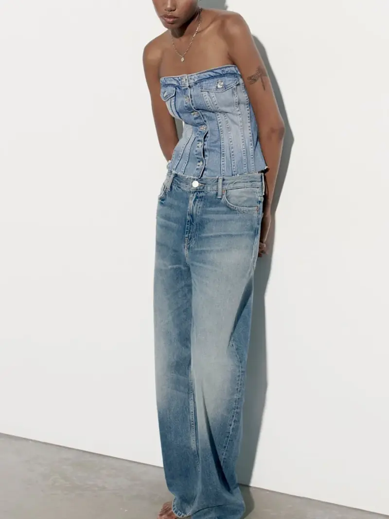 Women s Fitted Tube Tops Blue Sleeveless Off Shoulder Denim Bandeau Summer Clothes - Image 5
