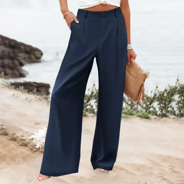 Women Elastic Waist Wide Leg Pants Casual Loose Cotton Linen Pants With Pockets Streetwear Business Casual Straight Trousers
