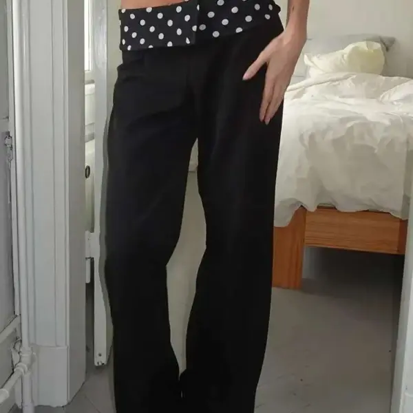 Fantoye Printed Polka Dot Lace Trim Women Trousers Black Patchwork High Waist Long Suit Trousers Summer Loose Casual Streetwear