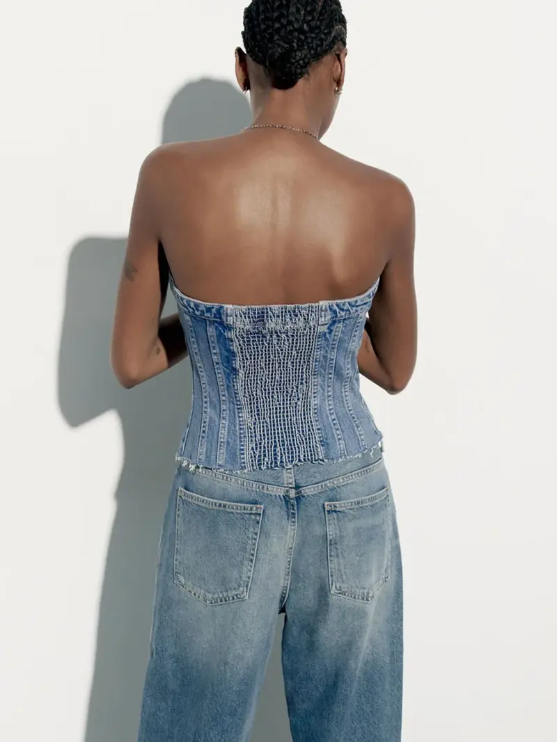 Women s Fitted Tube Tops Blue Sleeveless Off Shoulder Denim Bandeau Summer Clothes - Image 2
