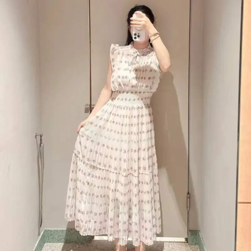 Kuzuwata Fresh Mid-length Print High Waist Robe New Gentle Literary Lace Up Pleated Slim Exquisite Mujer Japan New Elegant Dress - Image 4