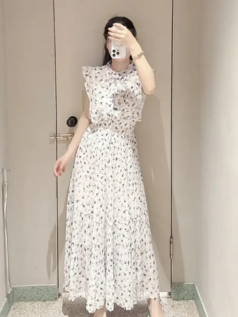 Kuzuwata Fresh Mid-length Print High Waist Robe New Gentle Literary Lace Up Pleated Slim Exquisite Mujer Japan New Elegant Dress - Image 3