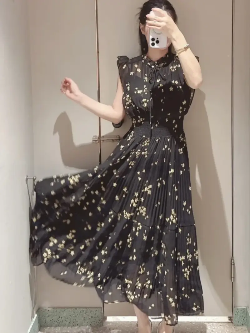 Kuzuwata Fresh Mid-length Print High Waist Robe New Gentle Literary Lace Up Pleated Slim Exquisite Mujer Japan New Elegant Dress - Image 5