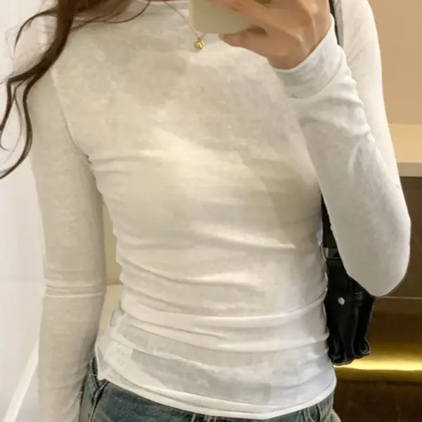 Spring Autumn T shirt Women Tops Solid Long Sleeve Ruched O Neck Tshirts Female Korean Casual Streetwear High Quality Base Tees