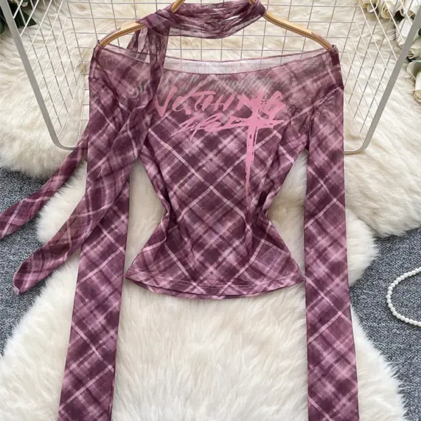 SINGREINY American Retro Print Tops Women Long Sleeves Ribbon Mesh Shirts Sheer Summer Hotsweet Off Shoulder Plaid Sexy Blouses