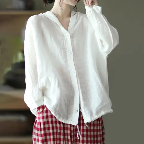 Women'S Button Down Hooded Shirts Solid Cotton Long Sleeve Blouse Tops 2024 Spring Autumn Loose Size Casual Shirt With Pocket