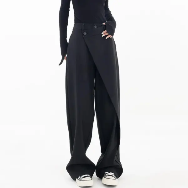 Asymmetrical Suits Pants Women Aesthetic Double Layer Button Down Irregular Wide Leg Trousers Splicing Oversized Straight Pants