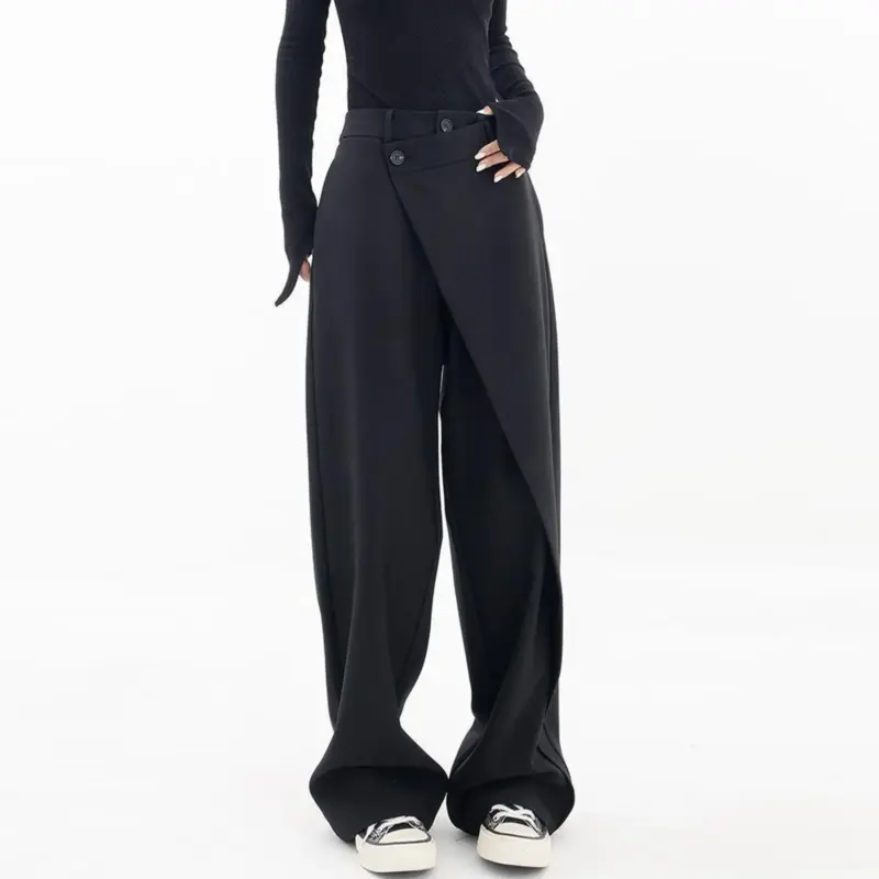 Asymmetrical Suits Pants Women Aesthetic Double Layer Button Down Irregular Wide Leg Trousers Splicing Oversized Straight Pants