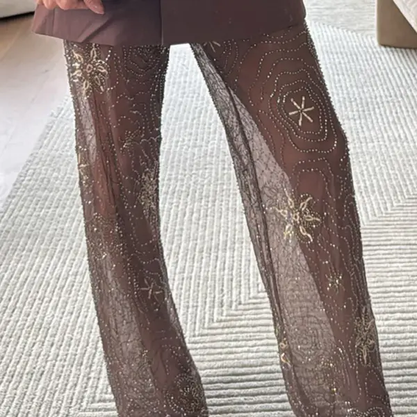 2025 Bead Splicing Sequin Women's Pants Chic Snowflake Straight Thin See Through Trousers New Lady Summer Vacation Streetwear